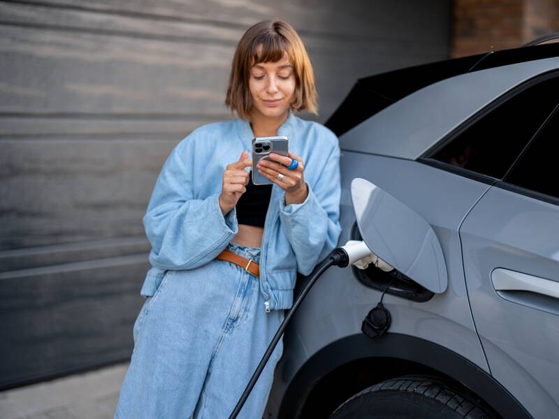 Eine Person lehnt an einem Auto, das aufgeladen wird, und betrachtet ihr Smartphone.