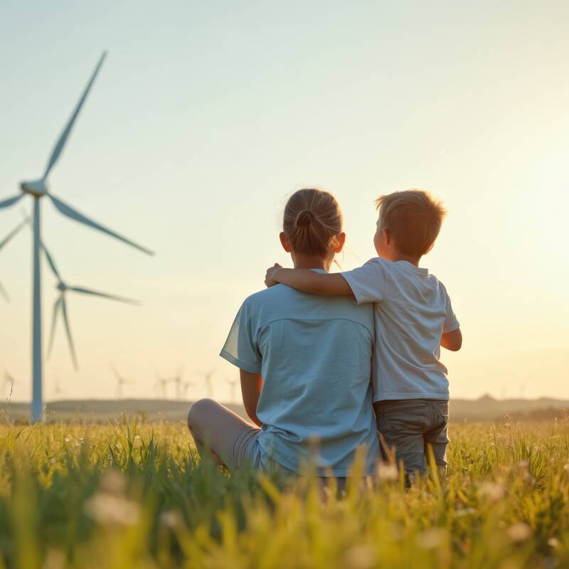 Mutter und Sohn auf einem Feld mit Windrädern